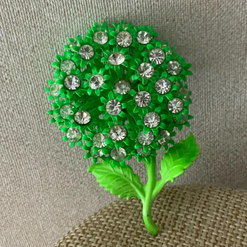 Vintage 1950s Green Rhinestone Flower Brooch – Lime Metal Floral Spray Pin | Etsy (US)