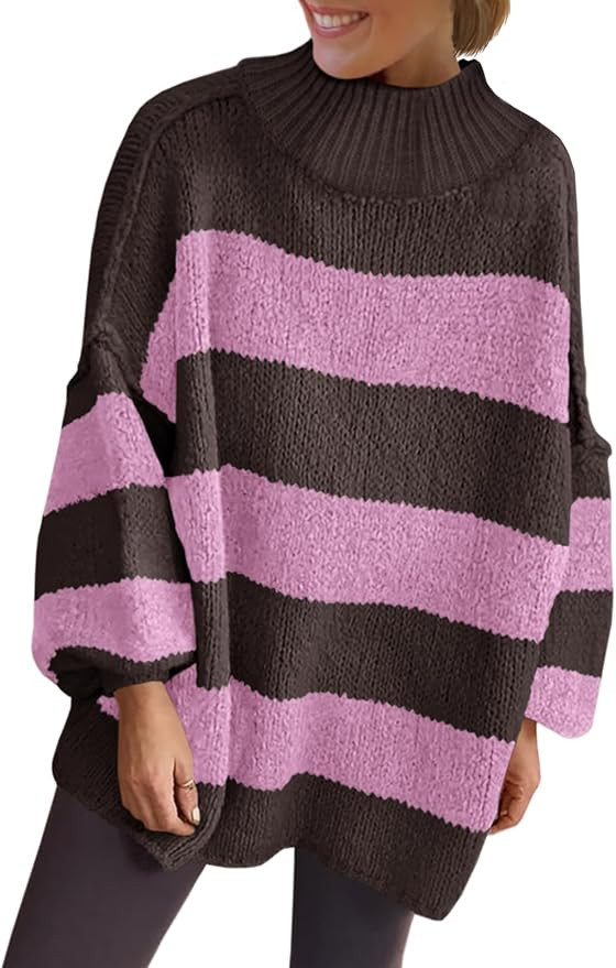Saodimallsu Womens Oversized Striped Sweater Mock Neck Chunky Knit Lantern Long Sleeve Fall Trend... | Amazon (US)