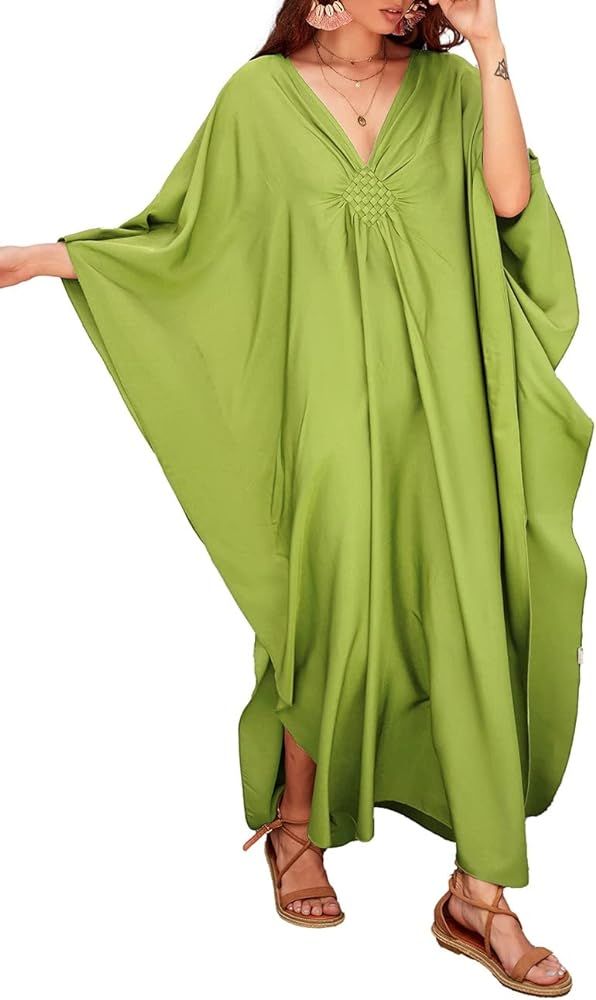 Bsubseach Women Solid Color Cover Up V Neck Batwing Sleeve Plus Size Beach Kaftan Dresses | Amazon (US)