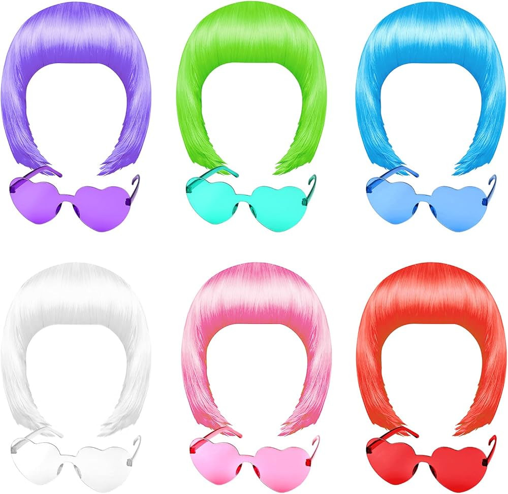 MIAHART 6 Pcs Short Bob Wig and 6 Pcs Sunglass Set, Neon Colored Wigs Colorful Cosplay Wigs Daily... | Amazon (US)