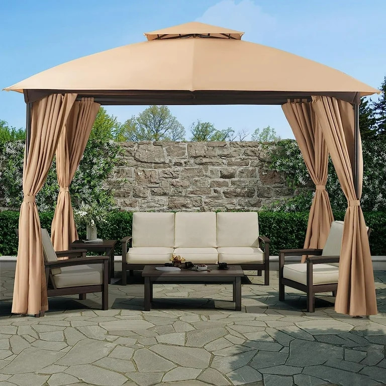 LAUSAINT HOME 10'x10' Outdoor Gazebo, Unique Arc Roof Design and Privacy Curtains Included, Khaki | Walmart (US)