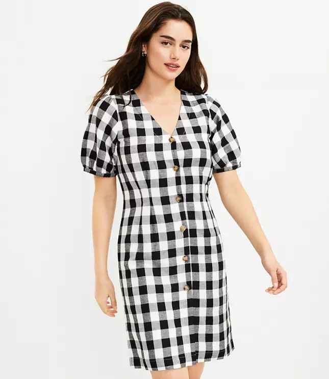 Gingham Button V-Neck Dress | LOFT