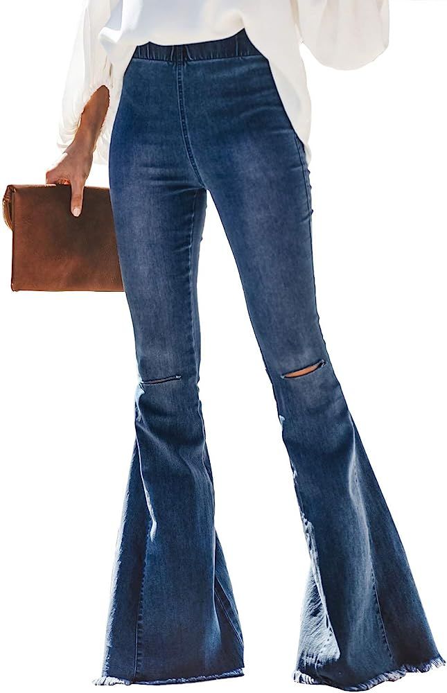 Women Destroyed Flare Jeans Elastic Waist Bell Bottom Raw Hem Denim Pants | Amazon (US)
