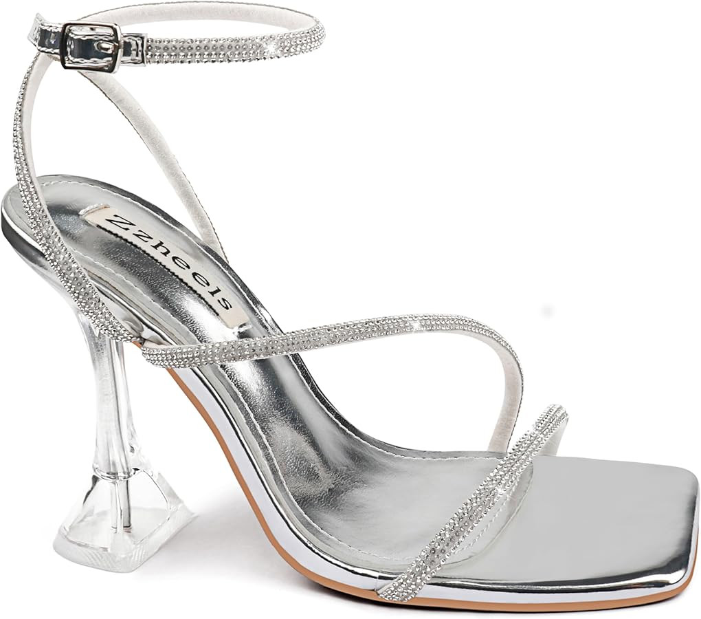 Zzheels Women's Rhinestone High Heels Crystal Strappy Heels Square Toe Sandals for Dating Party | Amazon (US)