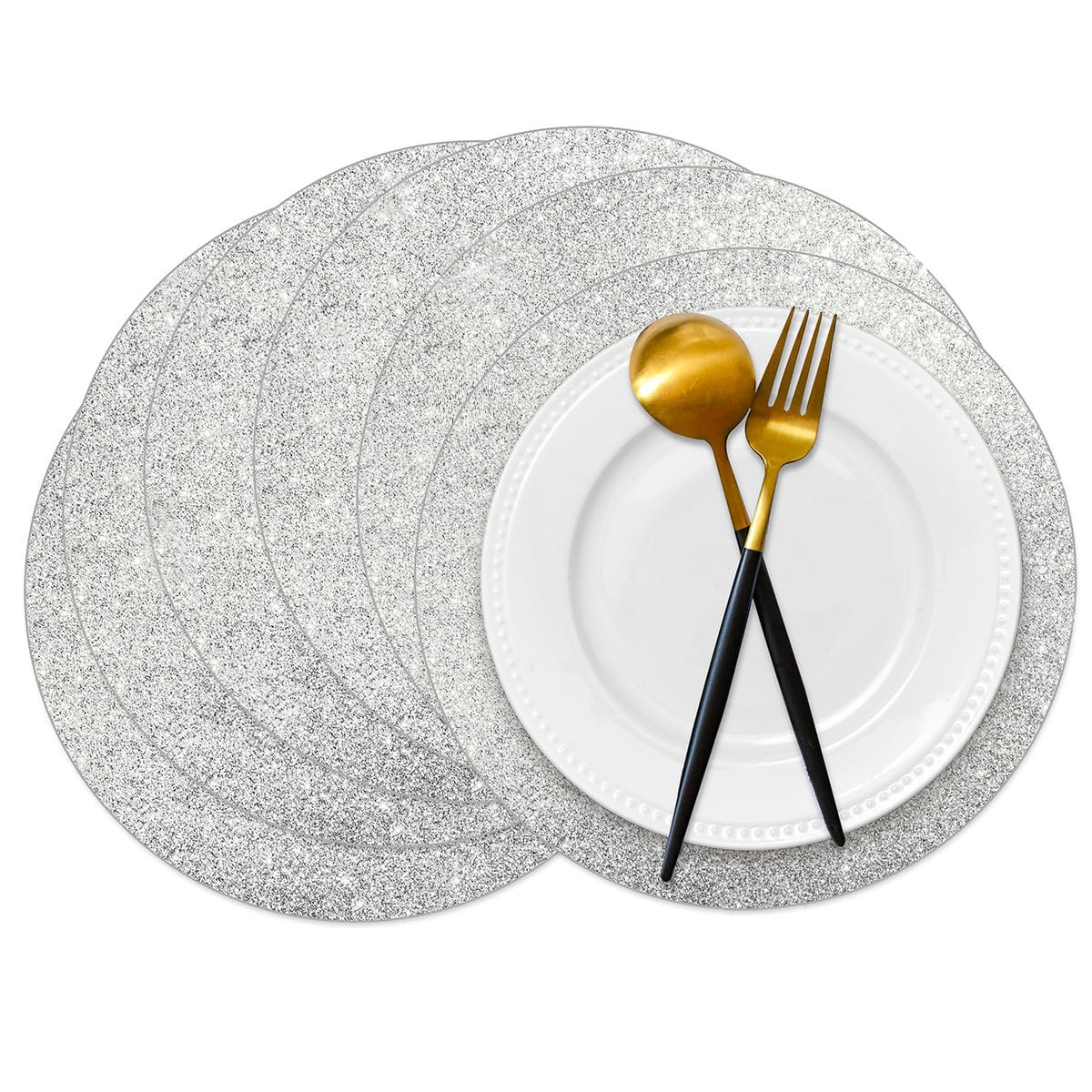 50 Pieces Silver Glitter Paper Place Mats Sparkle 14'' Round Disposable Table Mats Silver Sequin ... | Amazon (US)