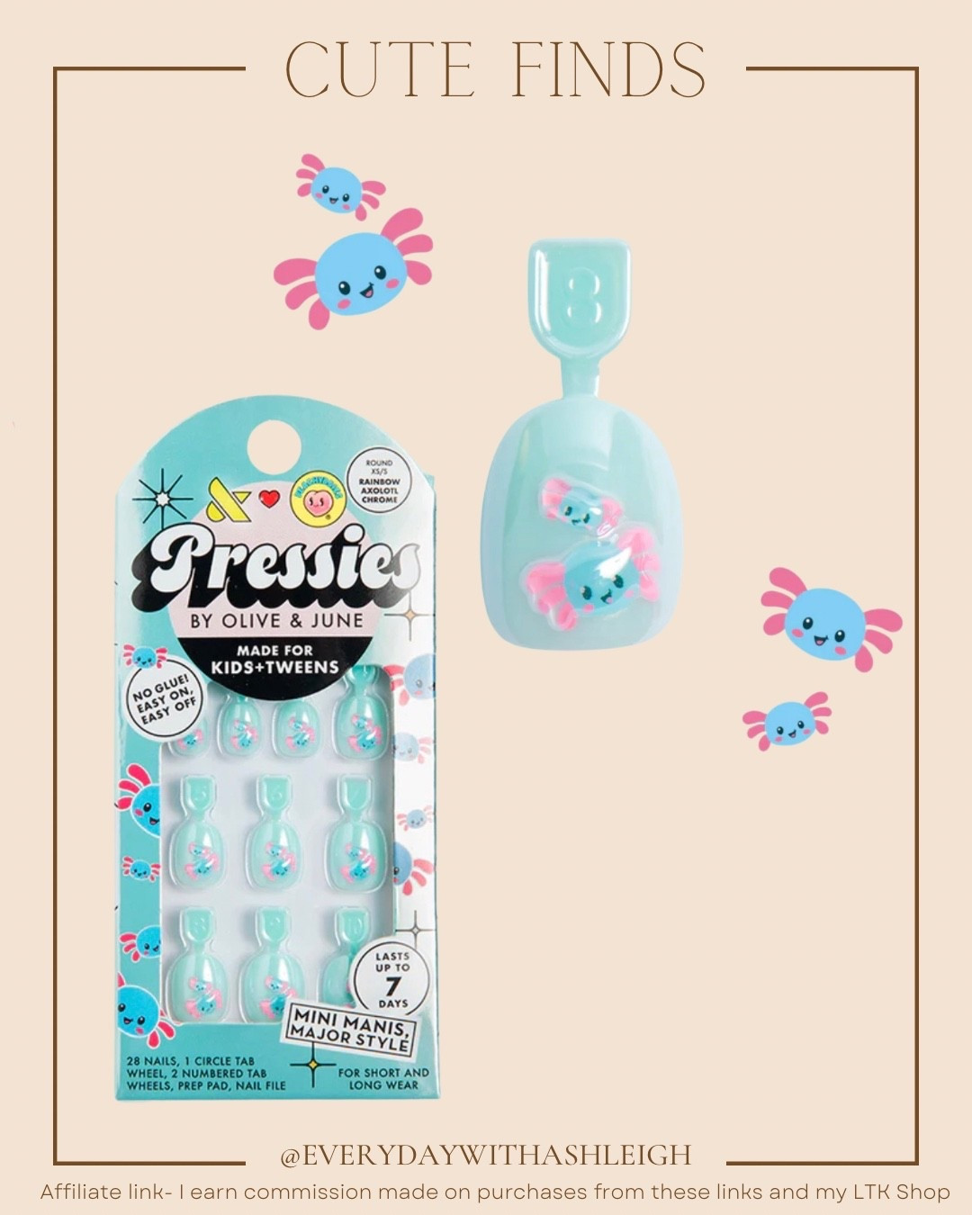 Adorable new axolotl press on nails for girls from Olive and June. These adorable nail set is a chrome blue mani with an axolotl on every nail. Perfect for the girl or teen that loves these cute animals. 

#LTKGiftGuide #LTKHoliday #LTKBeauty