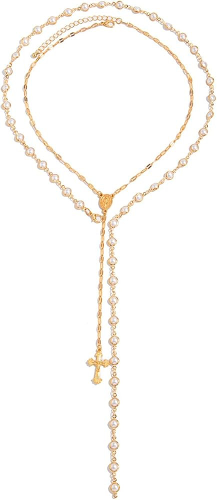 Layered Pearl Cross Necklace For Women Dainty Stackable Long Cross Necklaces Wedding Bridal Pearl... | Amazon (US)