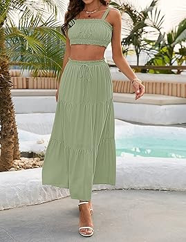 MEROKEETY Women 2 Piece Outfits Sleeveless Crop Top High Waist Long Skirt Set with Pockets | Amazon (US)