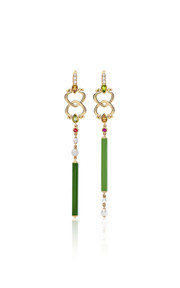 18K Yellow Gold Love Handles Heart Strings Green Earrings