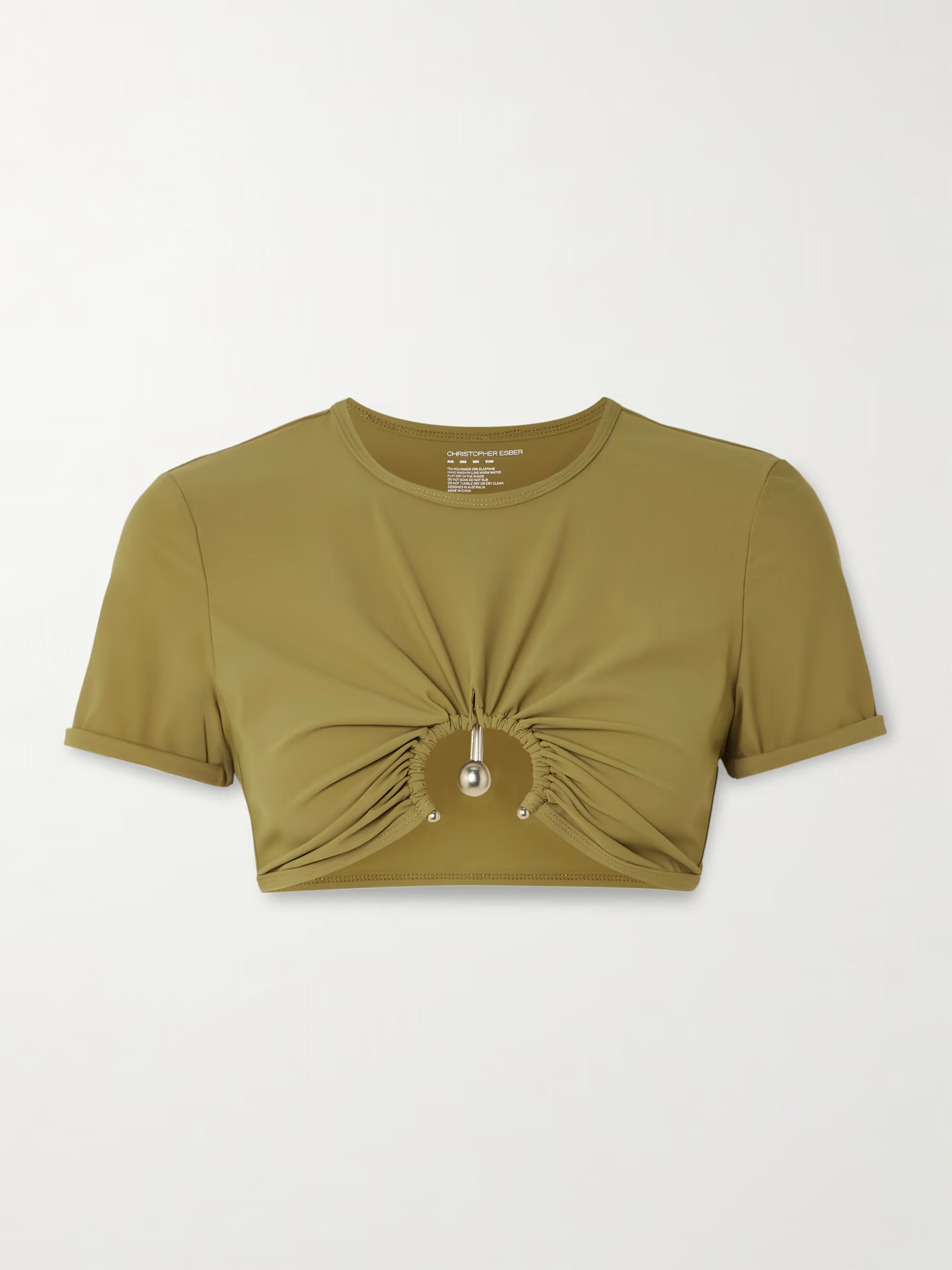 Christopher Esber - Orbit Cropped Embellished Ruched Stretch-jersey T-shirt - Green | NET-A-PORTER (US)