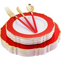 WDF 30Guest Red Christmas Plates - Gold Plastic Silverware With Red Handle - Christmas Plates Dis... | Amazon (US)