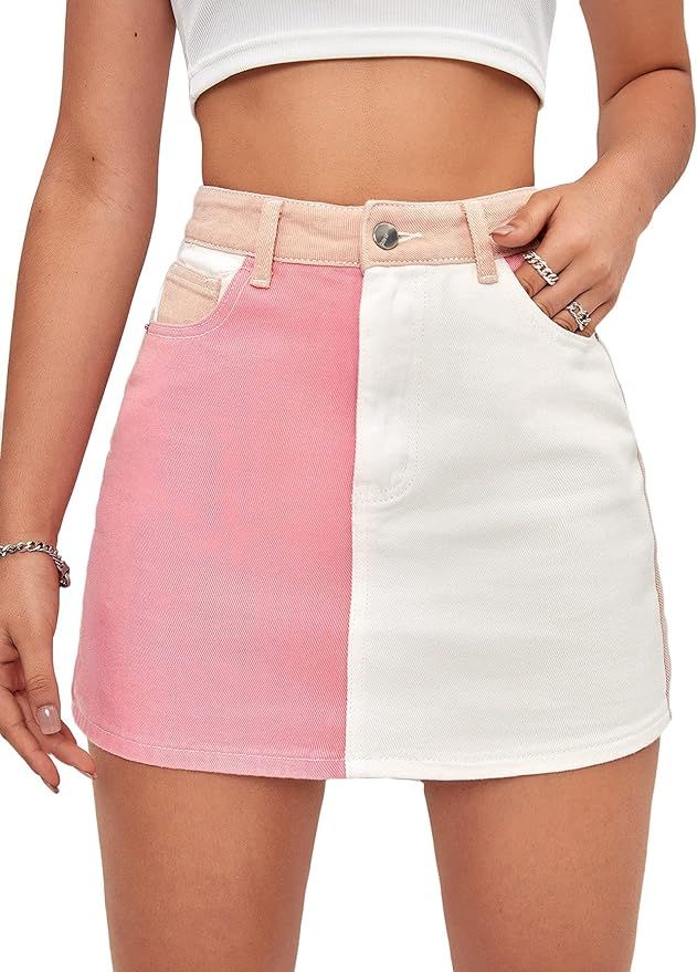 MakeMeChic Women's Colorblock High Waist Denim Skirt Mini Skirts | Amazon (US)