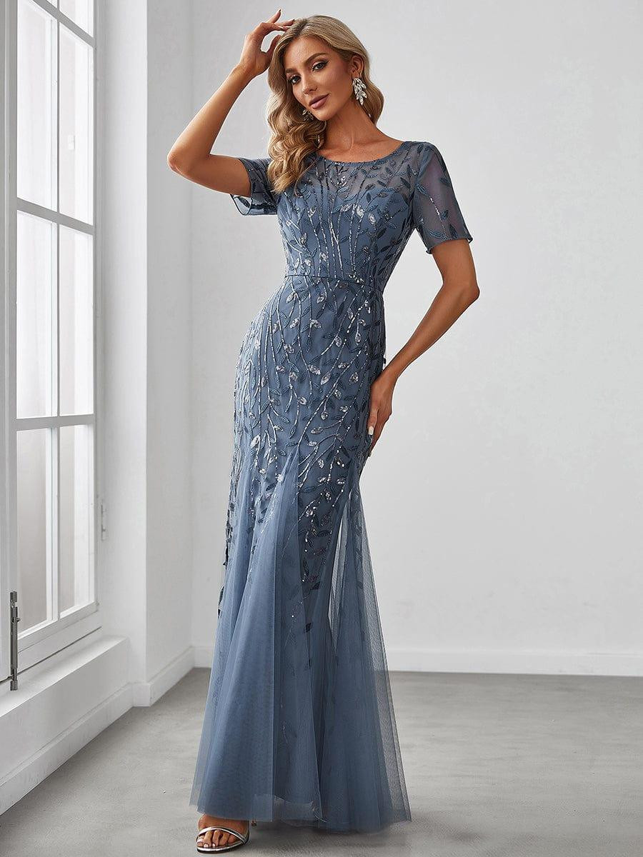 ever JADEN|Floral Sequin Maxi Fishtail Tulle Formal Evening Dress with Short Sleeve | Ever Pretty Garment Inc