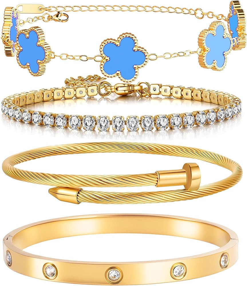 Lamdo 18K Gold Plated Womens Stackable Floral Gold Clover Bracelets Set Love Bangle Bracelets Non... | Amazon (US)