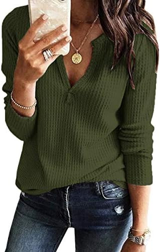 Dellytop Women V Neck Waffle Knit Shirts Long Sleeve Tops Sweater Pullovers | Amazon (US)