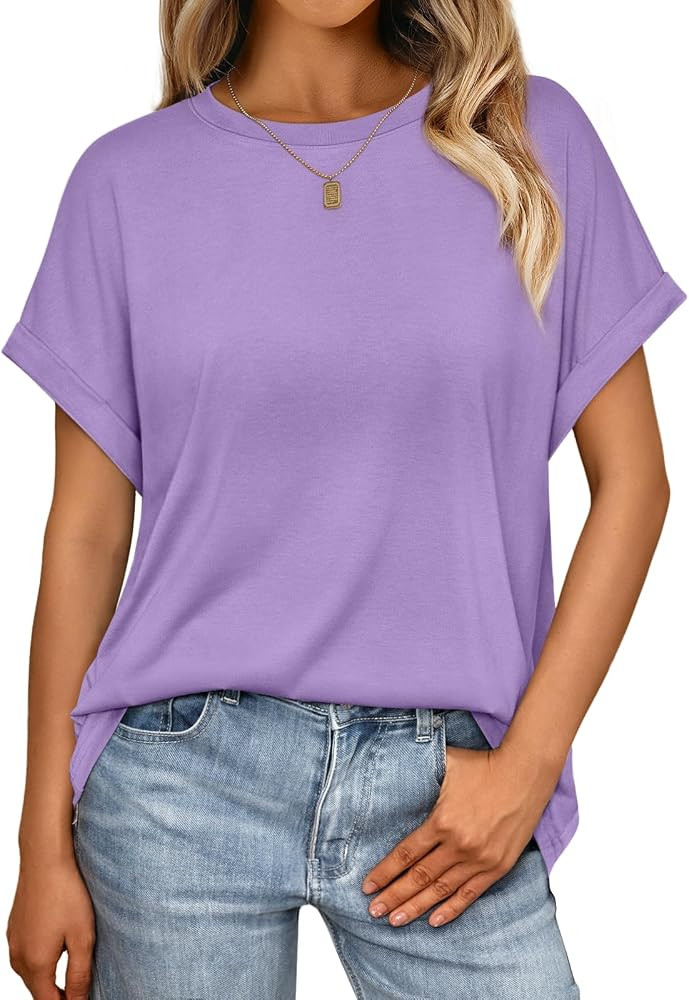 AUTOMET Women's Oversized Short Sleeve T-Shirt, Casual Drop Shoulder Top with Roll-Up Cuff Sleeve... | Amazon (US)