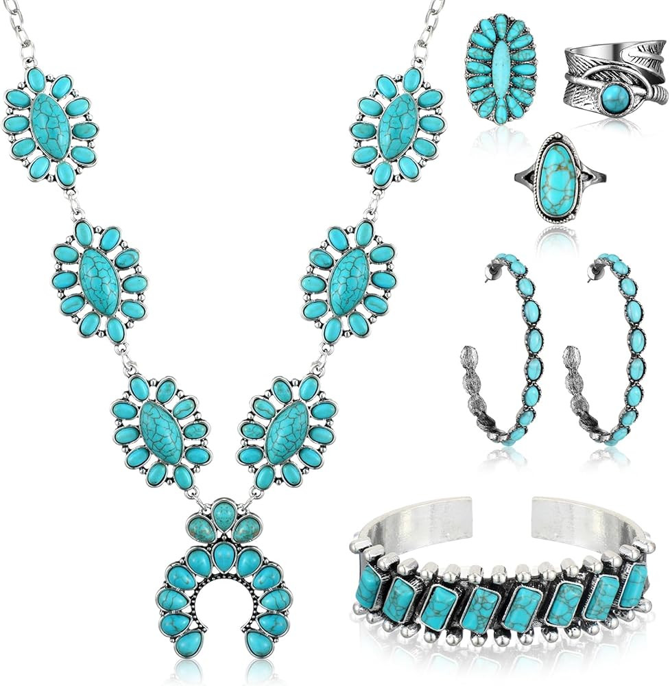 Ecally Bohemian Western Jewelry Turquoise Set Women Country Pendant Long Choker Layered Bracelets... | Amazon (US)