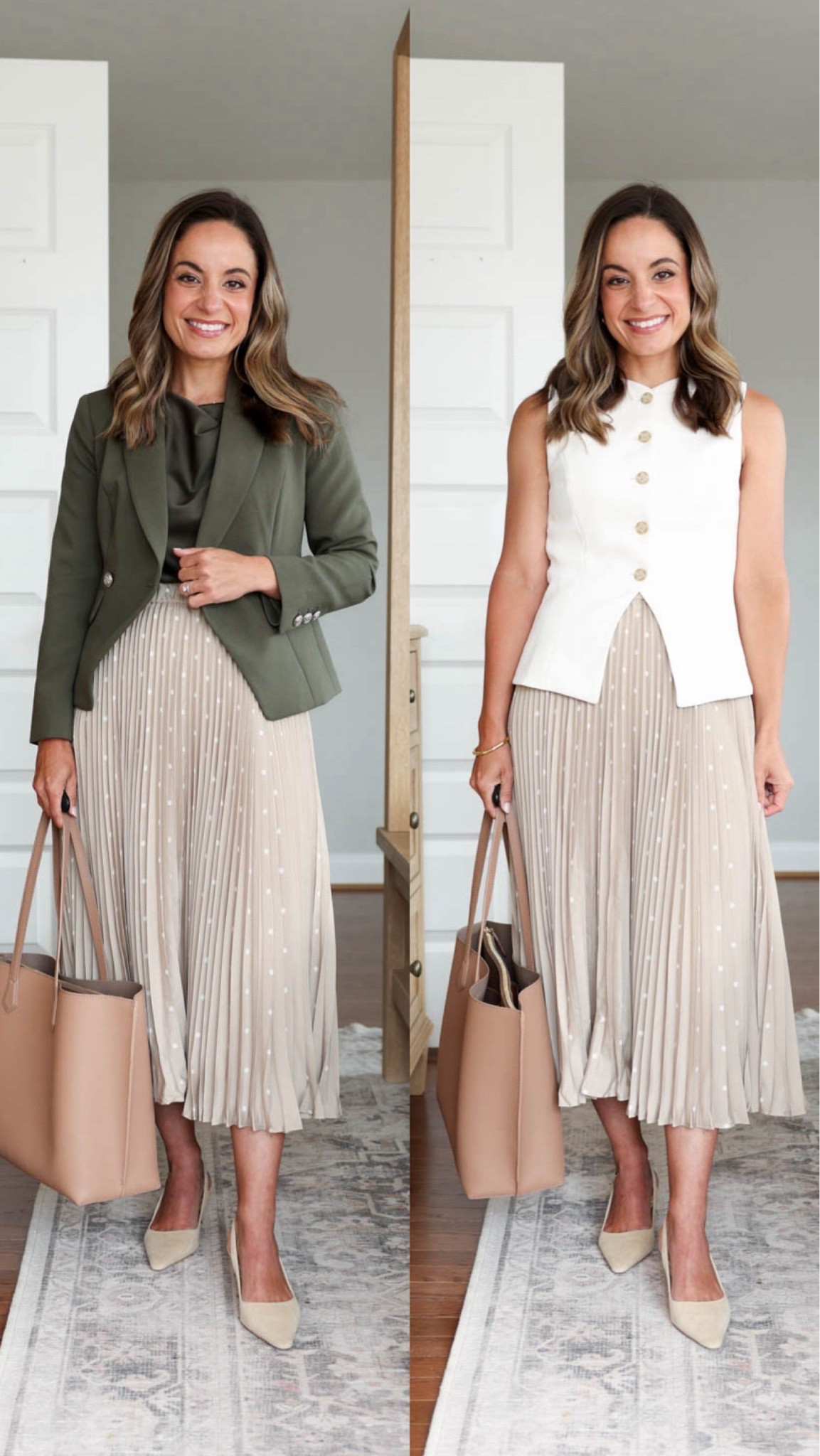 Did a little mix and match with my recent workwear posts. Here is a look at how I swapped tops and bottoms in the outfits to create new ones! 

Blazer (WHBM): petite 00 
Satin top (WHBM): xxs - runs large 
Pleated skirt (Anthro): xxs 
Vest (Aritzia): 0 

Workwear/ business casual

#LTKPetite