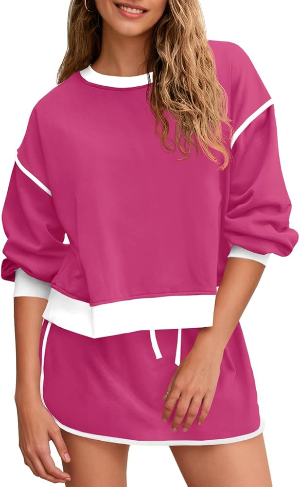 Fisoew Womens Sweatsuits 2 Piece Set Crewneck Sweatshirts High Waisted Skort Skirts Tennis Runnin... | Amazon (US)