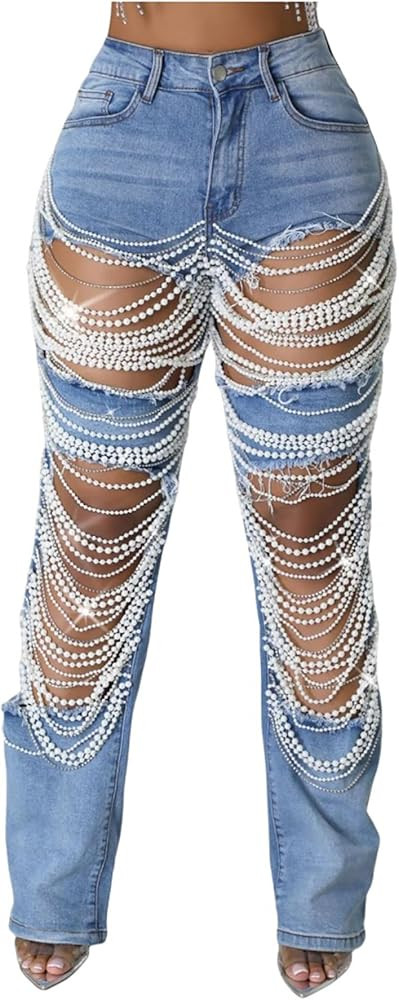 Lucuna Women's Rhinestone Ripped Jeans High Waist Boyfriend Cutout Straight Leg Pearl Distressed ... | Amazon (US)
