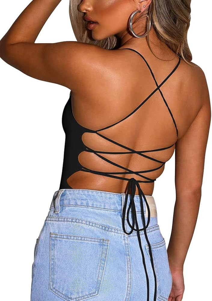 YMDUCH Women's Sexy Sleeveless Criss Cross Backless Cami Bodycon Bodysuit Tops | Amazon (US)