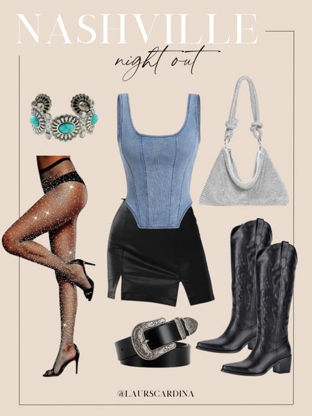 This outfit is perfect for a night out in Nashville! Pair a denim corset top with a faux leather mini skirt, rhinestone sparkly tights, black cowboy boots, a rhinestone purse, turquoise bracelet and black belt with a silver buckle. 

Ootd, vacation outfit, Nashville outfit inspiration, Amazon fashion 

#LTKstyletip #LTKshoecrush #LTKfindsunder50