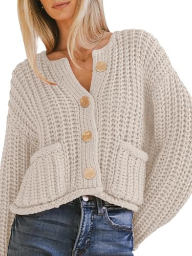 YKR Chunky Knit Cardigan Sweater for Women Long Sleeve Cropped Cardigans Button Down Sweaters with Pockets Beige M | Amazon (US)