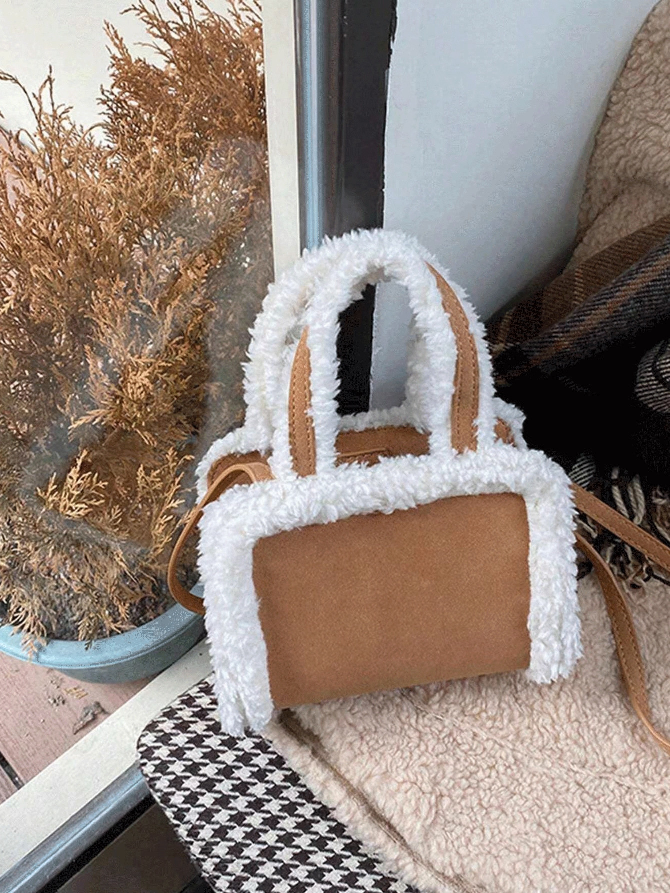 In 2024, The New Fashion Classic Joker Plush Stitching Design Suede Bag Square Bag Handbag Suede ... | SHEIN