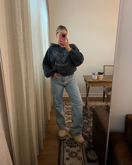 Anine Bing sweatshirt: tts M
Abercrombie jeans: 30 could size down for a more snug fit but love the looser high rise slouchy look!
Sherpa uggs: went up to a 9 instead of my typical 8. I’m between a 7.5/8 and usually do an 8 in all uggs. Don’t ever size down!! 😆 these actually both fit but I want to wear with thicker socks so I went up. They’re chunky and warm for sure! Style with leggings or jeans! 

#LTKshoecrush #LTKstyletip