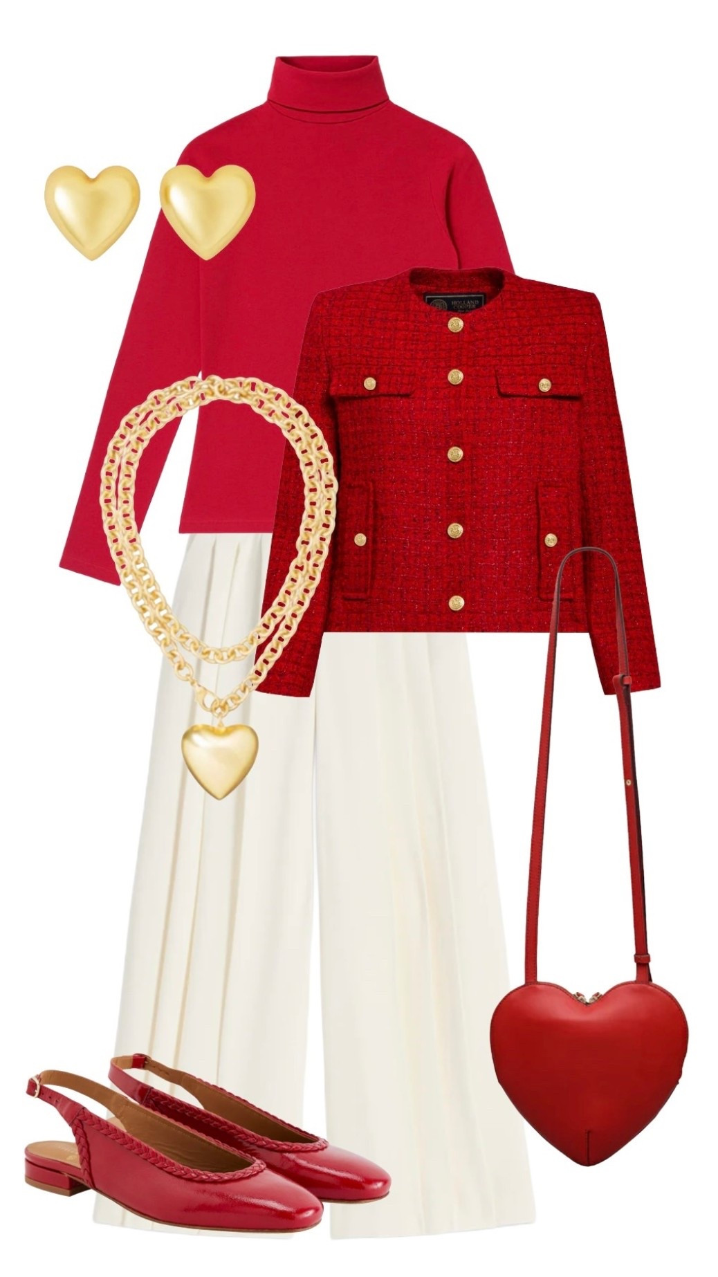 An outfit that can be worn to work and out for dinner - just pop on the cute jewellery and you’re ready!

Gold Heart Stud Earrings & Adjustable Gold Necklace - Assouline at Net a Porter

Regent Ivory Wide Leg Trousers - Boden

Red Roll Neck - Ro & Zo from John Lewis

Red Heart Bag / Radley 

Red Tweed Jacket - Holland Cooper 

Red Slingbacks Shoes - Stella et Suzie

#LTKluxury #LTKeurope #LTKdatenight