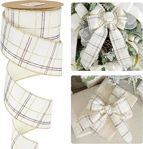 HUIHUANG White Velvet Christmas Ribbon 2.5 inch Glitter Copper and Gold Plaid Wired Ribbon for Ch... | Amazon (US)