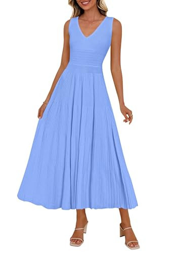 PRETTYGARDEN Summer Dresses for Women 2026 Spring Casual Sleeveless V Neck Pleated Midi Work Cocktail Wedding Guest Dress(Light Blue,Medium) | Amazon (US)