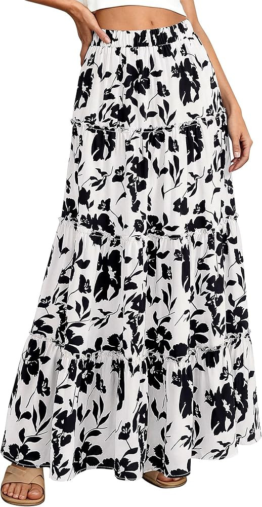 BTFBM Floral Maxi Skirts for Women Summer Spring 2026 Elastic Waist Tiered Flowy Beach Vacation B... | Amazon (US)