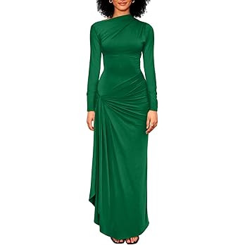YMDUCH Women's Casual Long Sleeve Boat Neck High Split Ruched Bodycon Long Formal Dress | Amazon (US)