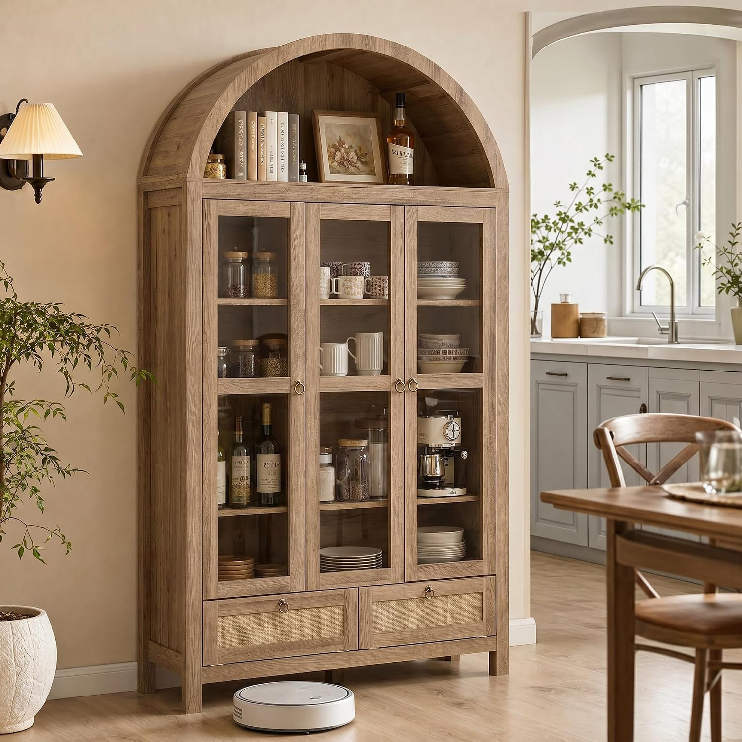 75'' Arched Cabinet Classic Farmhouse Design w/Three Glass Doors, Arch Cabinet w/Rattan Drawers and Anti-Tipping Device, Versatile Cupboard for Kitchen, Bathroom, Natural | Amazon (US)