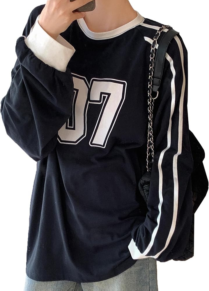 SHENHE Women's Oversized Graphic Tee Striped Number Print Long Sleeve Baggy Y2K Jersey Shirt | Amazon (US)