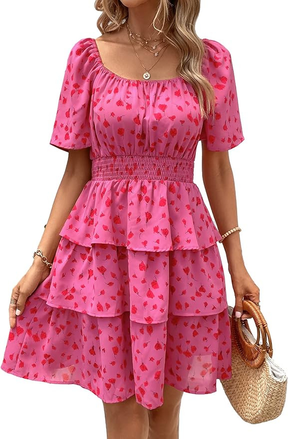 PRETTYGARDEN Women's 2026 Floral Summer Short Dress Square Neck Short Sleeve Tiered Ruffle Boho S... | Amazon (US)
