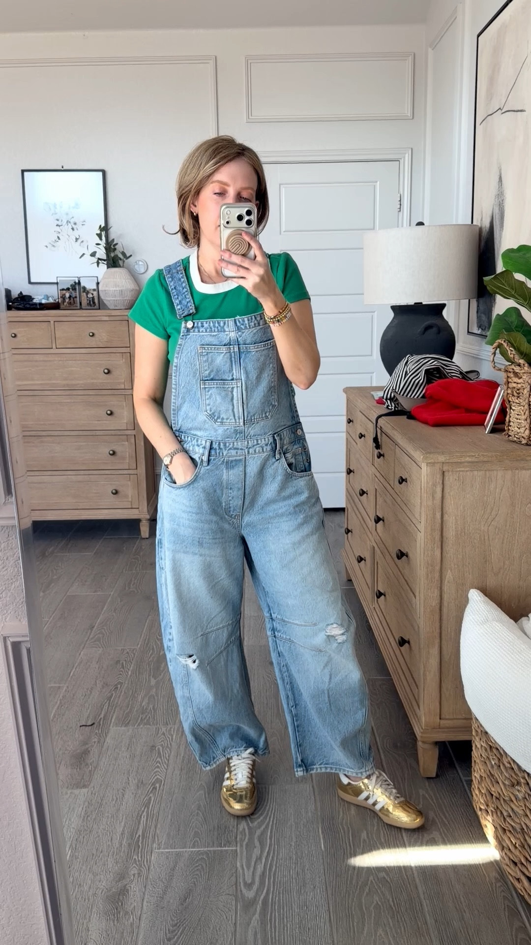 Wearing a medium in overalls 