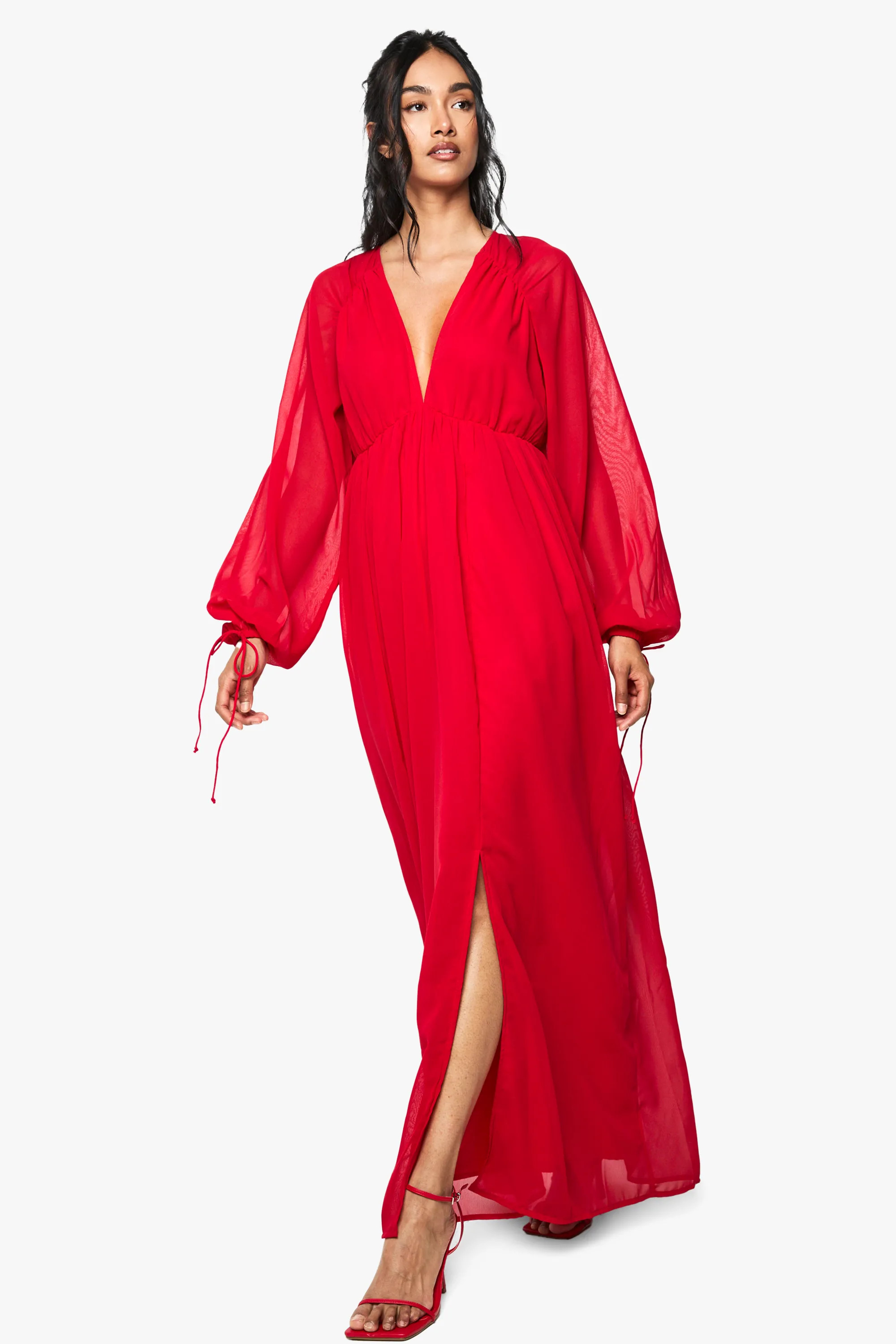 Chiffon V Neck Ruched Maxi Dress | boohoo (US & Canada)