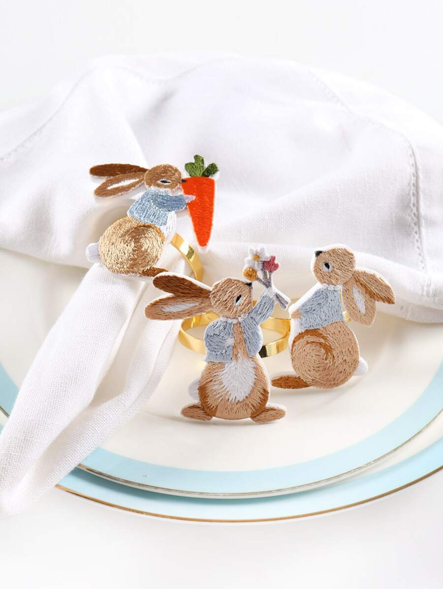 6pcs Embroidered Bunny Designed Napkin Rings For Birthday Party, Hotel, Farmhouse, Family Gatheri... | SHEIN