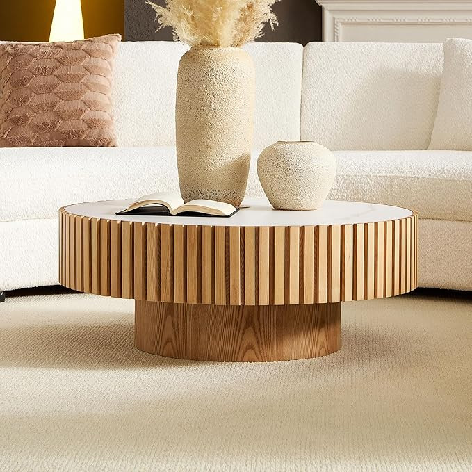 Round Coffee Table 35.43'' Circle Sintered Stone Tabletop Modern Wood Fluted Coffee Table for Liv... | Amazon (US)