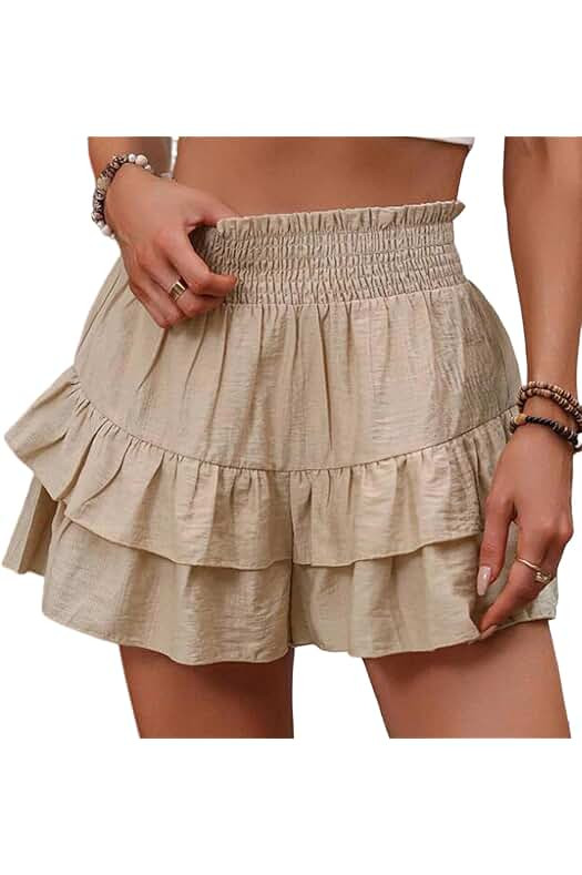 Women's Frill Trim Ruffle Hem Shirred High Waist Shorts, Boho Casual Tiered Layer Shorts for Spring & Summer | Amazon (US)
