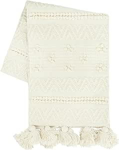 Creative Co-Op 72" Woven Cotton Textured Poms & Tassels Table Runner, Cream | Amazon (US)