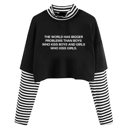 SHIYAO Women s The World Has Bigger Problems than Boys Who Kiss Boys Print Striped Long Sleeve Crop  | Walmart (US)