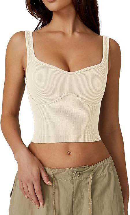 QINSEN Womens Sleeveless Cropped Rib Knit Seamless Sweetheart Neckline Going Out Tank Tops | Amazon (US)