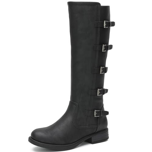 GLOBALWIN Women's Knee High Boots Horse Riding Boots for Women Tall Black Boots with Low Heel Metal Buckle Side Zipper Size 11M | Amazon (US)