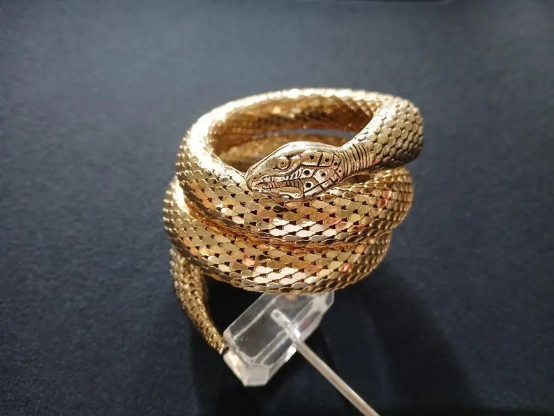 Vintage WHITING and DAVIS Egyptian Jewelry Exotic Shiny Bright Gold Tone Mesh Coiled Wraparound S... | Etsy (Global)