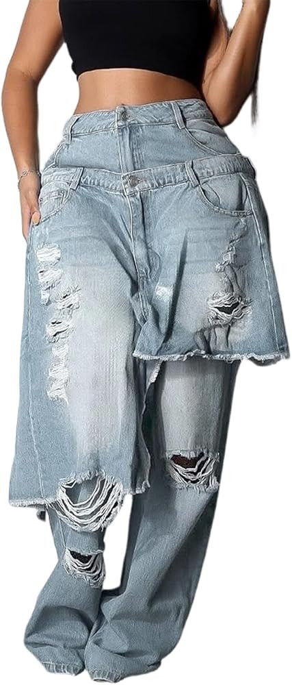 LETSVDO Women Ripped Patchwork Jeans Straight Wide Leg Asymmetrical Double Waist Denim Pants Bagg... | Amazon (US)