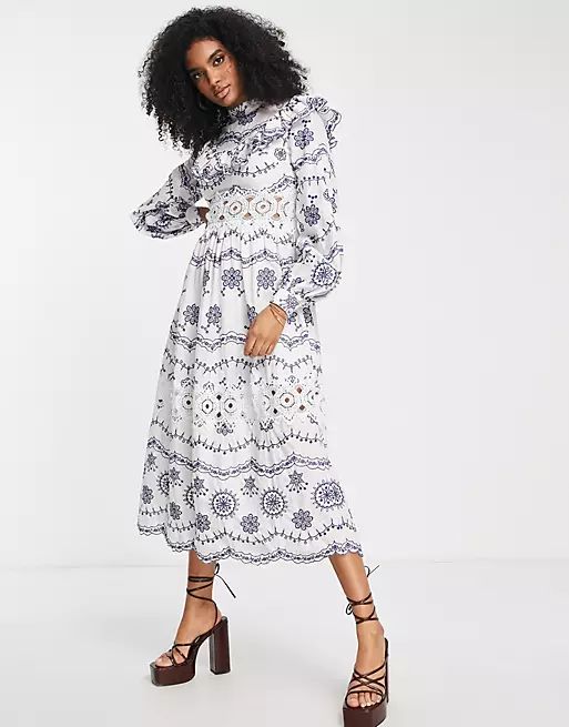 ASOS EDITION broderie blouson sleeve midi dress with contrast embroidery | ASOS (Global)