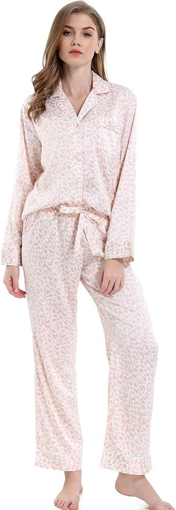 Serenedelicacy Women's Satin Pajama Set 2-Piece Sleepwear Loungewear Long Sleeve Button Down PJ Set | Amazon (US)